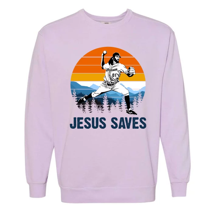 Jesus Saves Retro Baseball Pitcher Garment-Dyed Sweatshirt