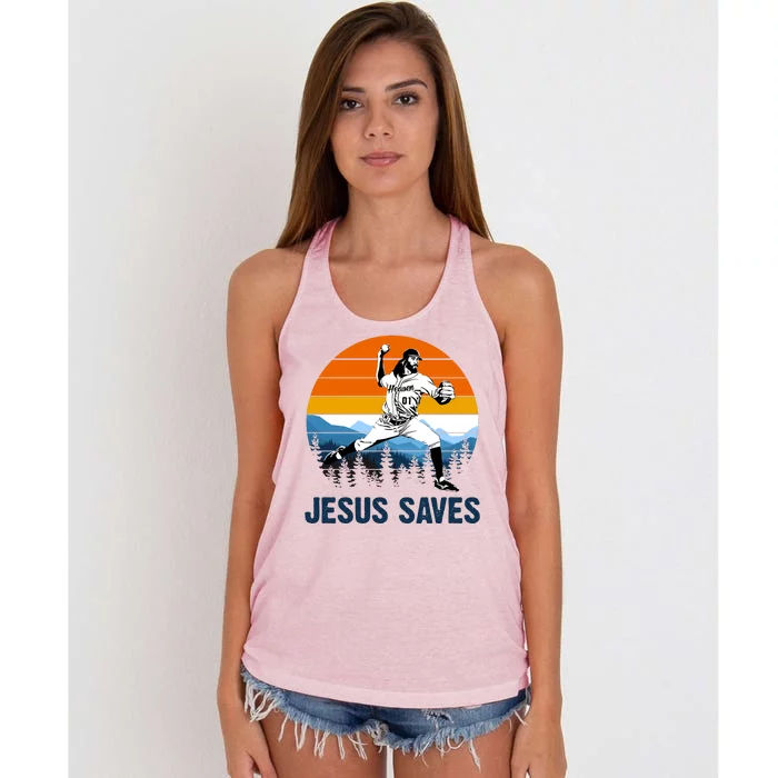 Jesus Saves Retro Baseball Pitcher Women's Knotted Racerback Tank