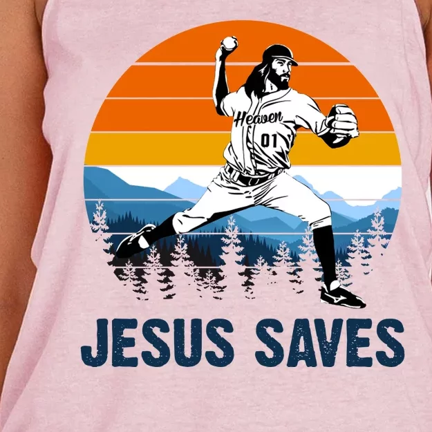 Jesus Saves Retro Baseball Pitcher Women's Knotted Racerback Tank