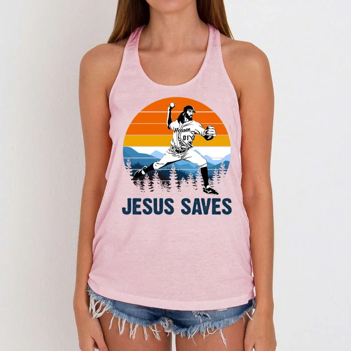 Jesus Saves Retro Baseball Pitcher Women's Knotted Racerback Tank