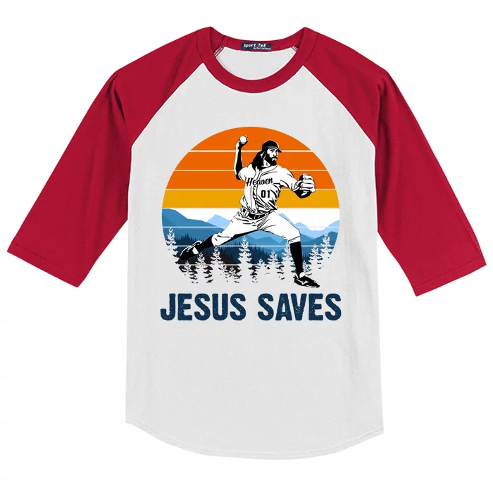 Jesus Saves Retro Baseball Pitcher Kids Colorblock Raglan Jersey