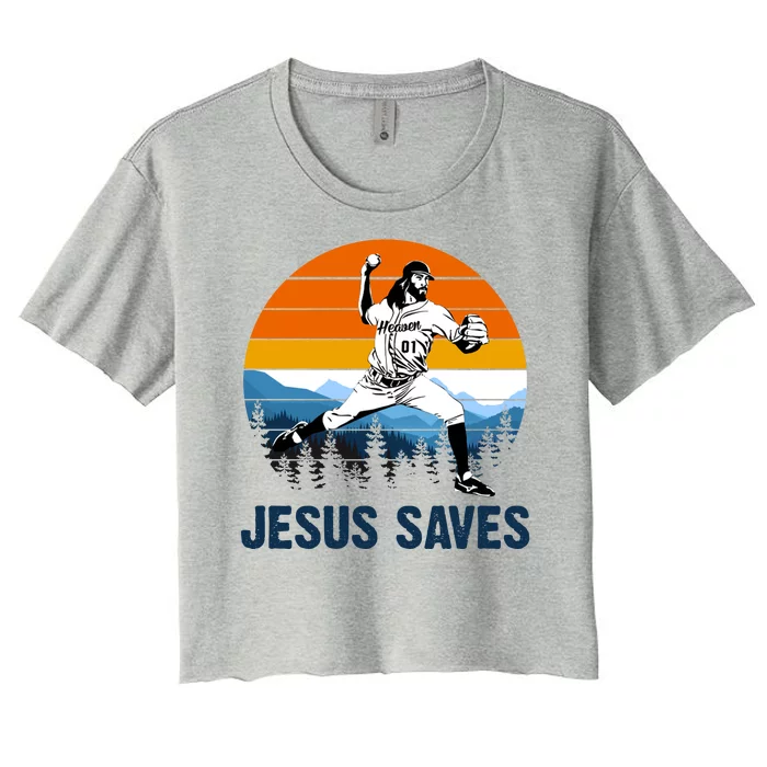 Jesus Saves Retro Baseball Pitcher Women's Crop Top Tee