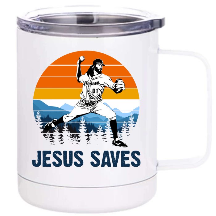 Jesus Saves Retro Baseball Pitcher Front & Back 12oz Stainless Steel Tumbler Cup