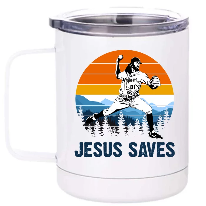 Jesus Saves Retro Baseball Pitcher Front & Back 12oz Stainless Steel Tumbler Cup