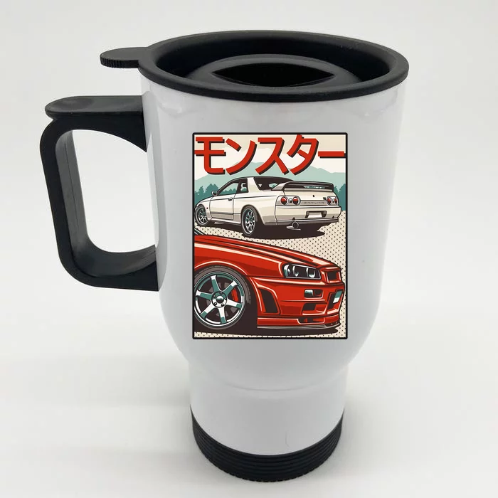 Jdm Skyline R32 Car Tuning Japan Rising Sun Drift Front & Back Stainless Steel Travel Mug