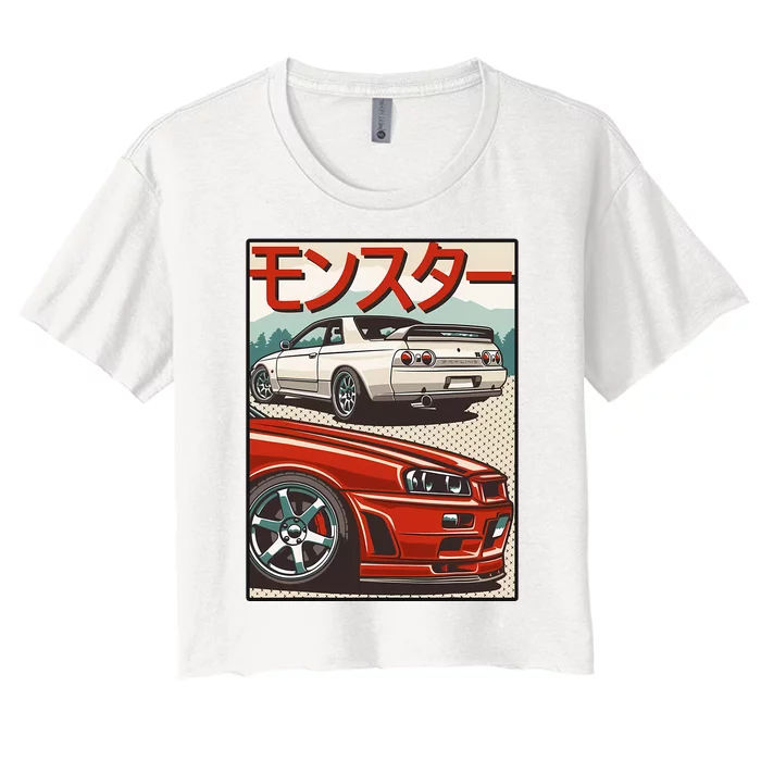 Jdm Skyline R32 Car Tuning Japan Rising Sun Drift Women's Crop Top Tee