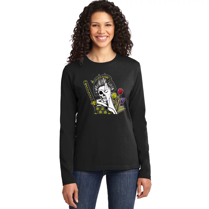 Japanese Skeleton Samurai Geisha Ladies Long Sleeve Shirt