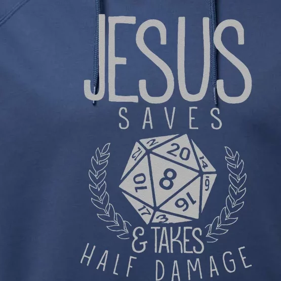 Jesus Saves & Takes Half Damage Funny. Dice Performance Fleece Hoodie