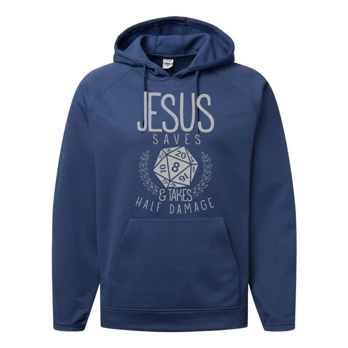 Jesus Saves & Takes Half Damage Funny. Dice Performance Fleece Hoodie