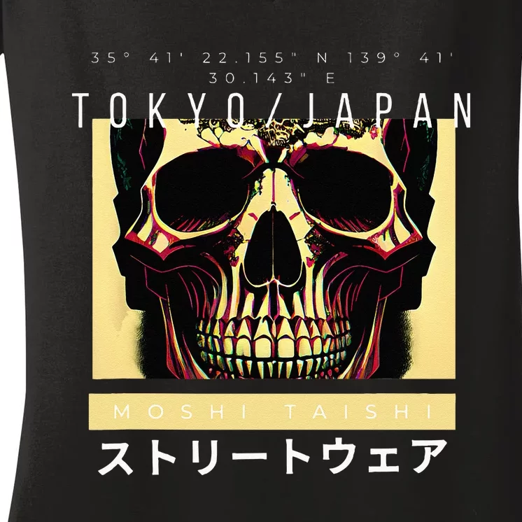 Japanese Streetwear Vaporwave Otaku Aesthetic Glitch Skull Women's V-Neck T-Shirt