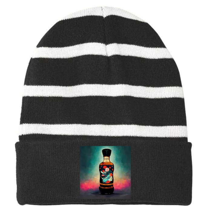 Japanese Sakura Whiskey Bottle Striped Beanie with Solid Band