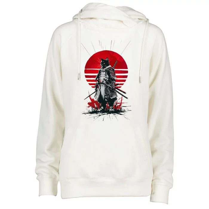 Japanese Samurai Warrior Cat Aesthetic Ninja Womens Funnel Neck Pullover Hood