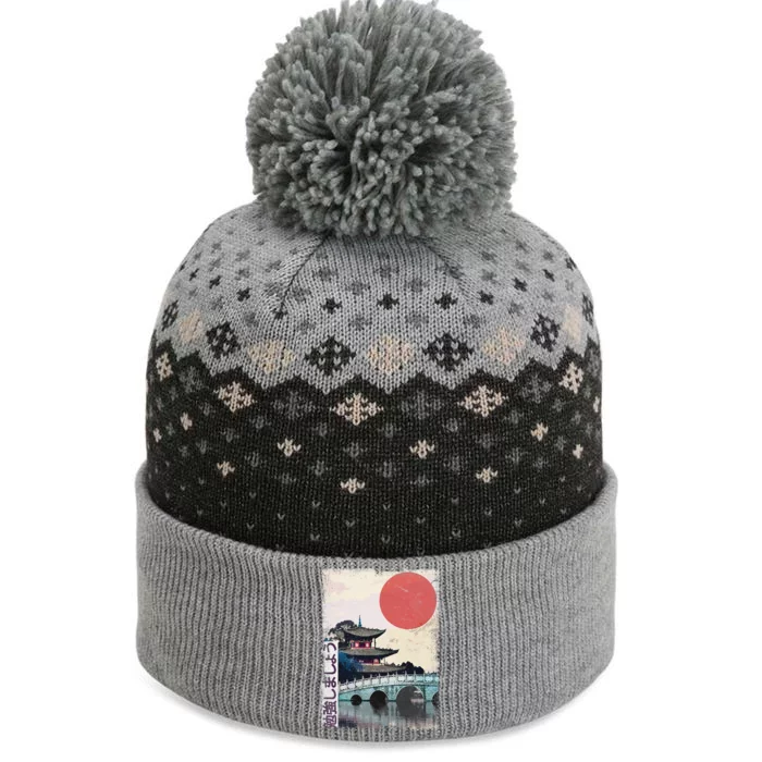 Japanese Temple anime Japan Woodblock vintage Art The Baniff Cuffed Pom Beanie