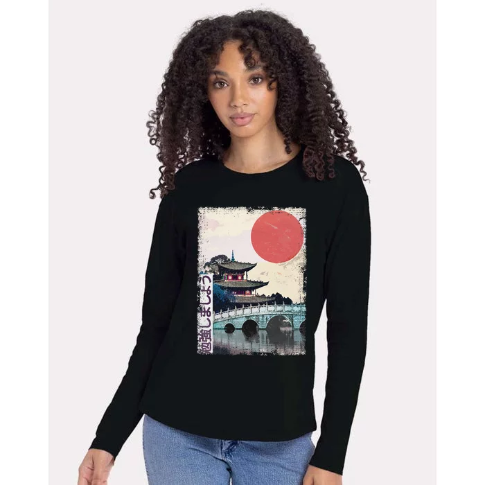 Japanese Temple anime Japan Woodblock vintage Art Womens Cotton Relaxed Long Sleeve T-Shirt