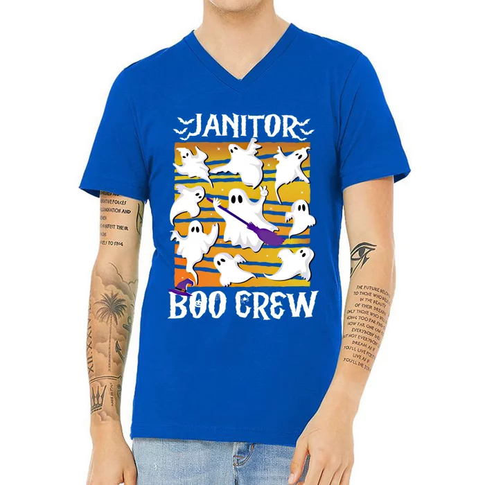 Janitor Team Boo Crew Teacher Custodian Cleaning Broom Ghost Gift V-Neck T-Shirt