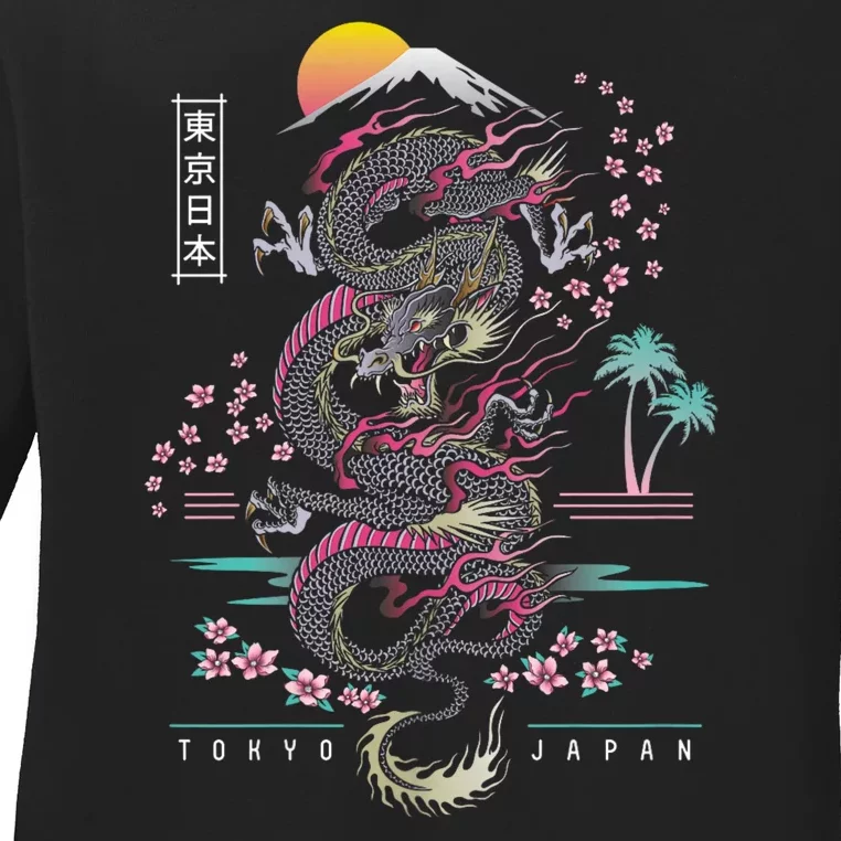 Japanese Tokyo Dragon Asian Inspired Retro 80’S Style Ladies Long Sleeve Shirt