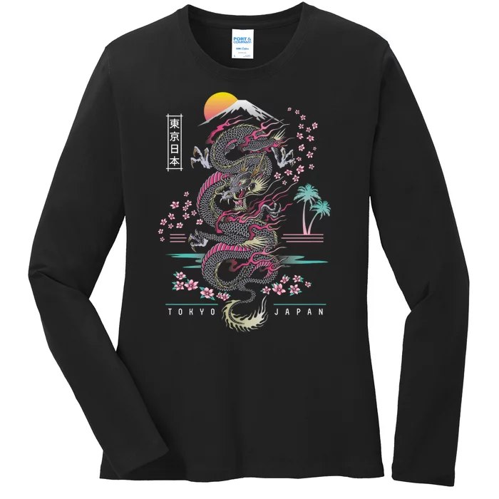 Japanese Tokyo Dragon Asian Inspired Retro 80’S Style Ladies Long Sleeve Shirt