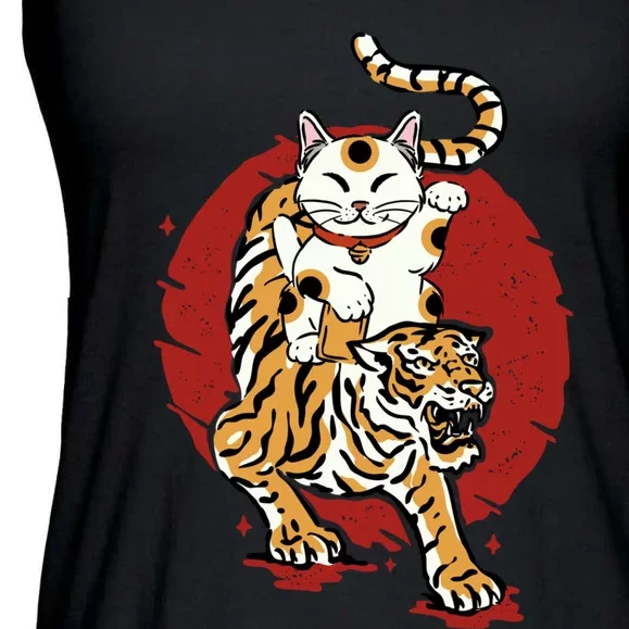 Japanese Tiger Maneki Neko Lucky Cat Japanese Traditional Ladies Essential Flowy Tank