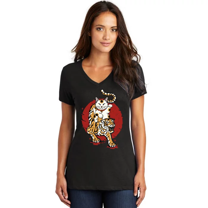 Japanese Tiger Maneki Neko Lucky Cat Japanese Traditional Women's V-Neck T-Shirt