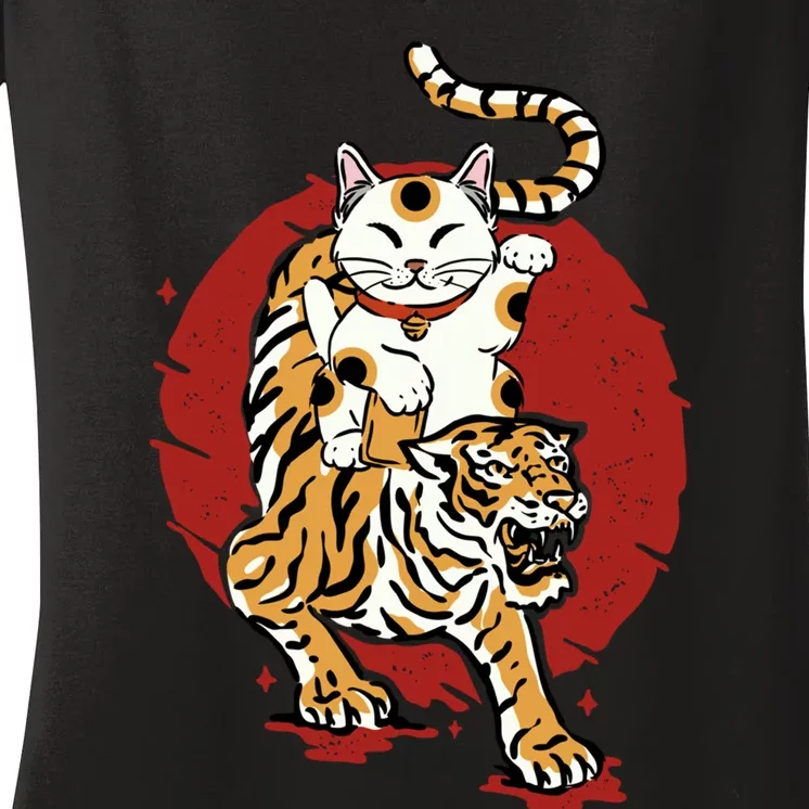 Japanese Tiger Maneki Neko Lucky Cat Japanese Traditional Women's V-Neck T-Shirt