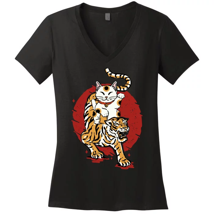 Japanese Tiger Maneki Neko Lucky Cat Japanese Traditional Women's V-Neck T-Shirt