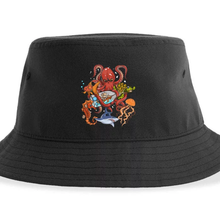 Jellyfish Turtle Seahorse Shark Octopus Ocean Animal Sustainable Bucket Hat