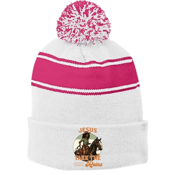 Jesus Take The Reins Christian Black Cowgirl Western Stripe Pom Pom Beanie