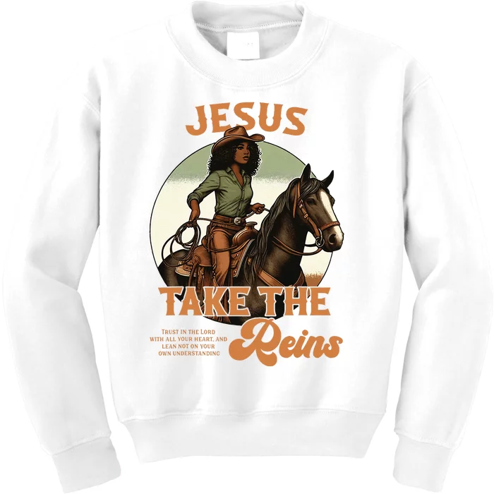 Jesus Take The Reins Christian Black Cowgirl Western Kids Sweatshirt