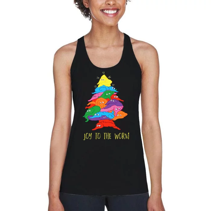 Joy To The Worm Funny Fuzzy Worm On A String Christmas Tree Women's Racerback Tank