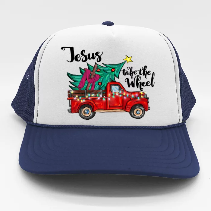 Jesus Take The Wheel Christian Christmas Tree On Red Truck Trucker Hat