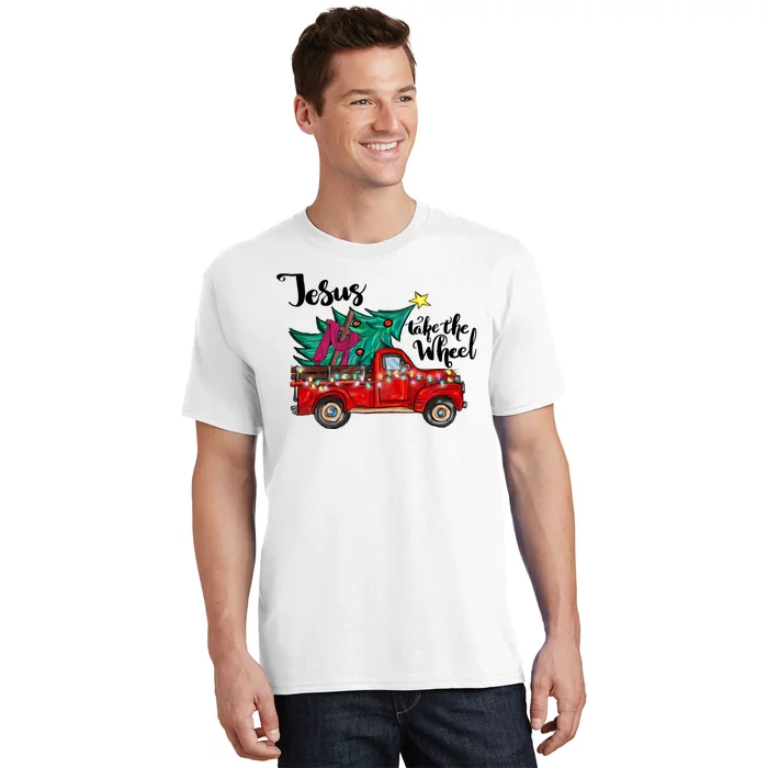 Jesus Take The Wheel Christian Christmas Tree On Red Truck T-Shirt