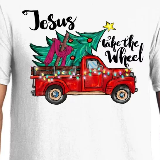 Jesus Take The Wheel Christian Christmas Tree On Red Truck Pajama Set