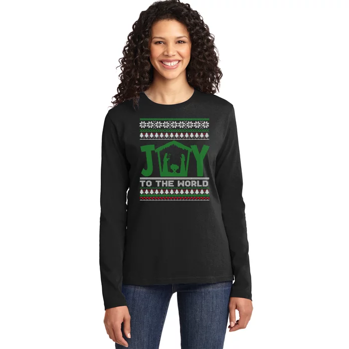 Joy To The World Nativity Christian Jesus Ugly Christmas Ladies Long Sleeve Shirt