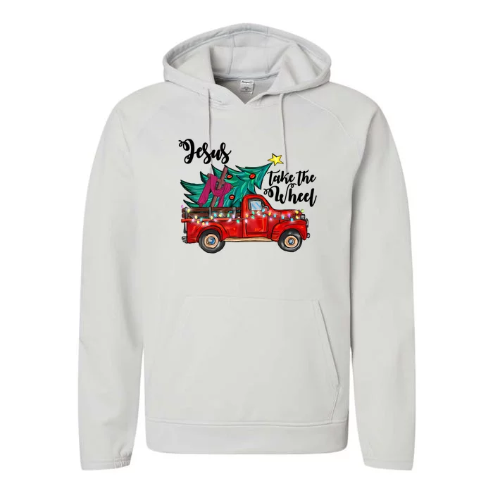 Jesus Take The Wheel Red Truck Christmas Tree Christian Xmas Gift Performance Fleece Hoodie