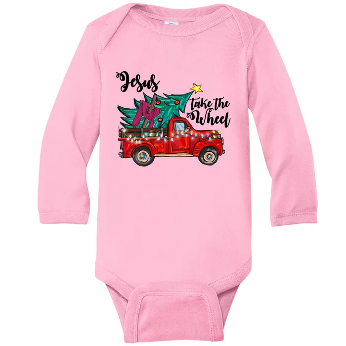 Jesus Take The Wheel Red Truck Christmas Tree Christian Xmas Gift Baby Long Sleeve Bodysuit