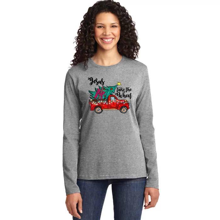 Jesus Take The Wheel Red Truck Christmas Tree Christian Xmas Gift Ladies Long Sleeve Shirt