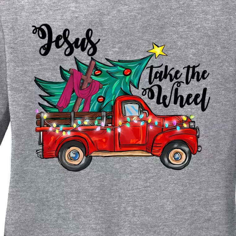 Jesus Take The Wheel Red Truck Christmas Tree Christian Xmas Gift Ladies Long Sleeve Shirt