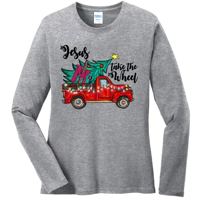 Jesus Take The Wheel Red Truck Christmas Tree Christian Xmas Gift Ladies Long Sleeve Shirt