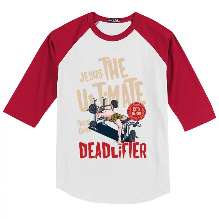 Jesus The Ultimate Deadlifter Weightlifting Christmas Great Gift Kids Colorblock Raglan Jersey