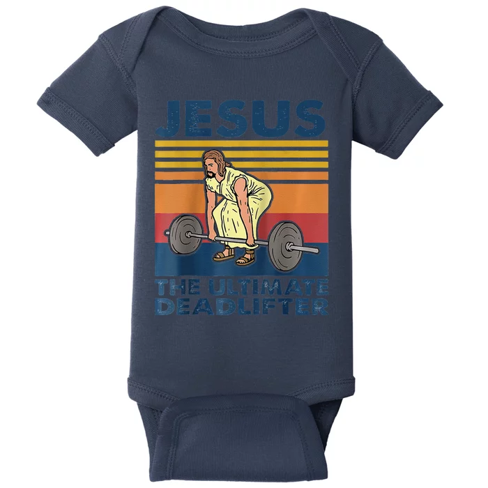 Jesus The Ultimate Deadlifter Funny Vintage Gym Christian Raglan Baseball Baby Bodysuit