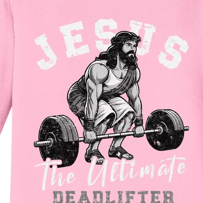 Jesus The Ultimate Deadlifter Funny Christian Workout Gym Baby Long Sleeve Bodysuit