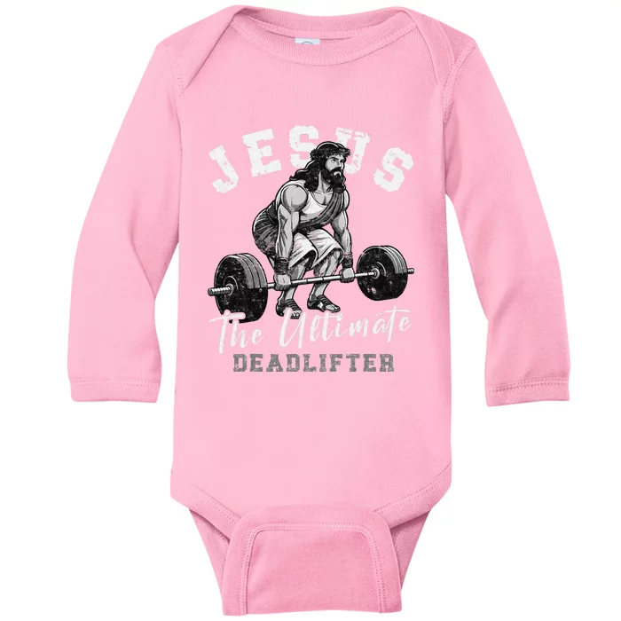 Jesus The Ultimate Deadlifter Funny Christian Workout Gym Baby Long Sleeve Bodysuit