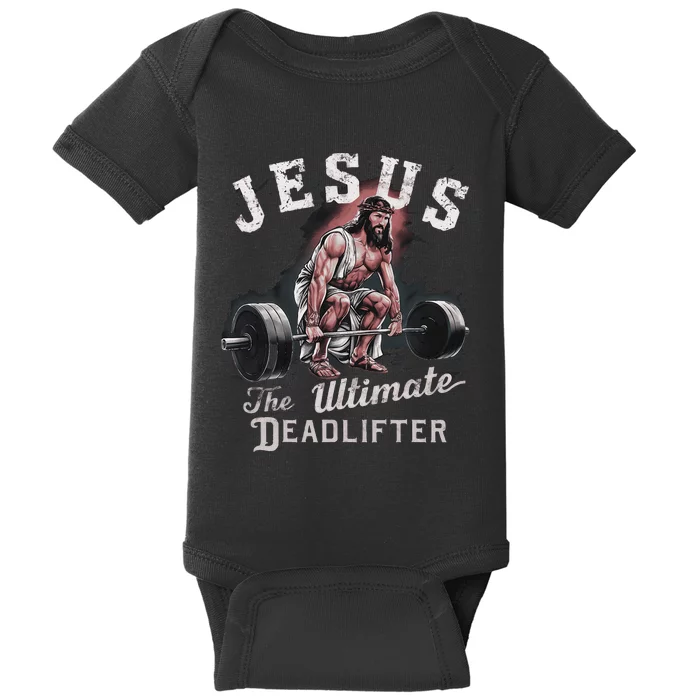 Jesus The Ultimate Deadlifter Fitness Gym Vintage Christian Baby Bodysuit