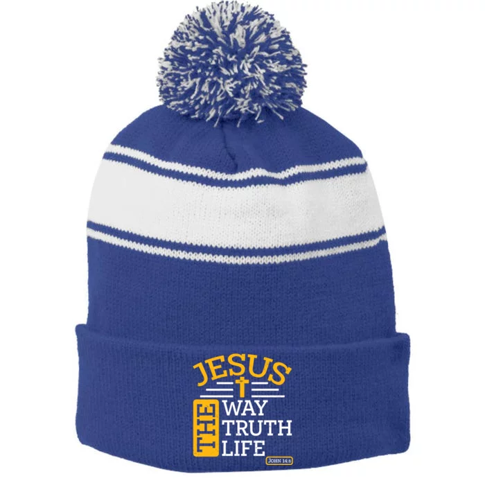 Jesus The Way Truth Life John 14:6 Stripe Pom Pom Beanie