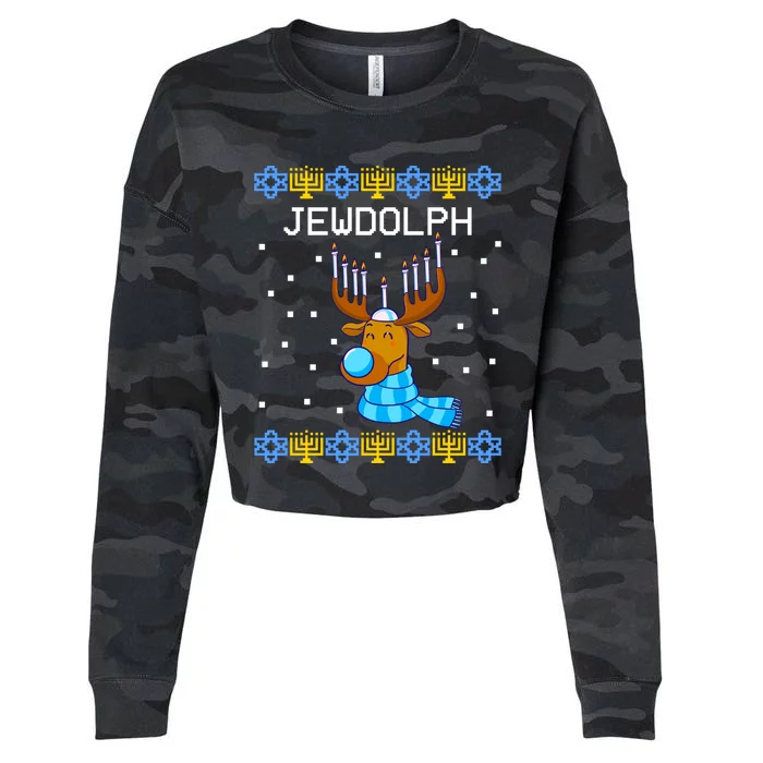 Jewdolph Ugly Hanukkah Sweater Reindeerorah Chanukah Cropped Pullover Crew