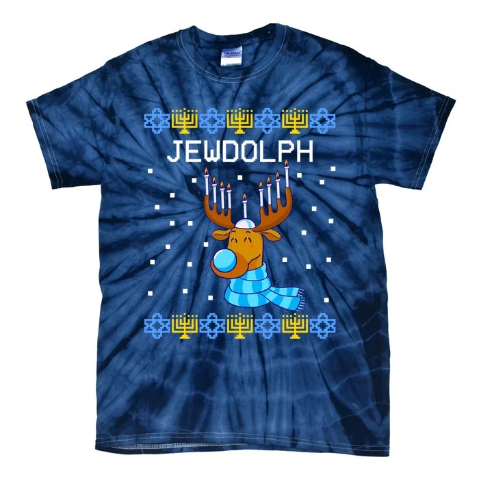 Jewdolph Ugly Hanukkah Sweater Reindeerorah Chanukah Tie-Dye T-Shirt