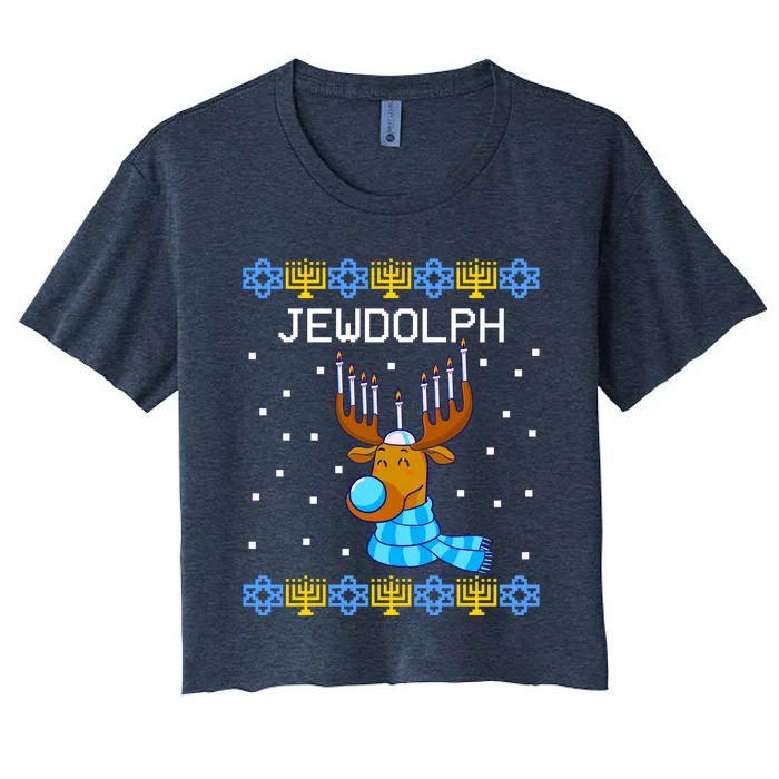 Jewdolph Ugly Hanukkah Sweater Reindeerorah Chanukah Women's Crop Top Tee