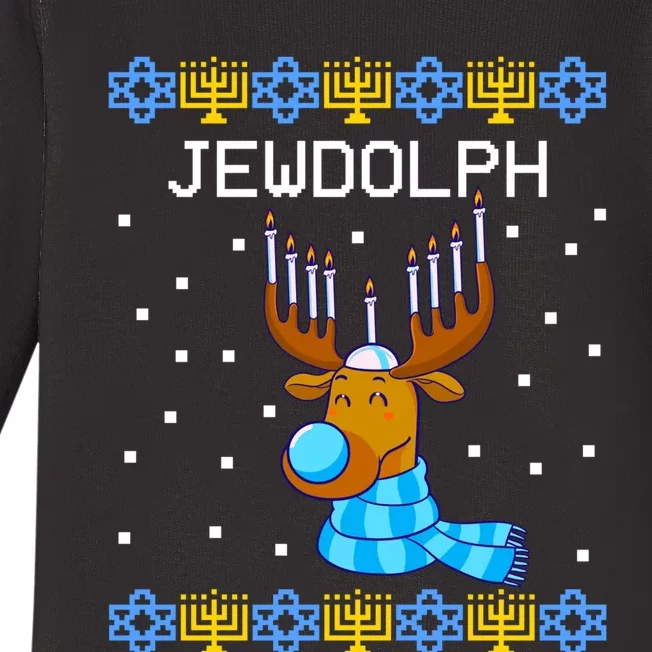 Jewdolph Ugly Hanukkah Sweater Reindeerorah Chanukah Baby Long Sleeve Bodysuit