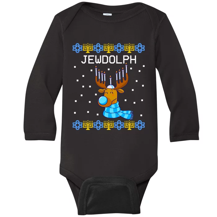 Jewdolph Ugly Hanukkah Sweater Reindeerorah Chanukah Baby Long Sleeve Bodysuit