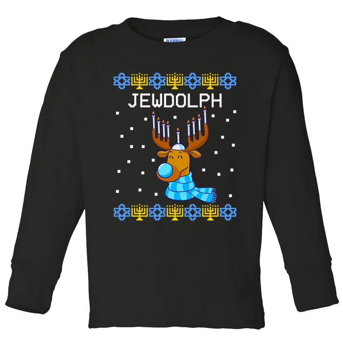 Jewdolph Ugly Hanukkah Sweater Reindeerorah Chanukah Toddler Long Sleeve Shirt